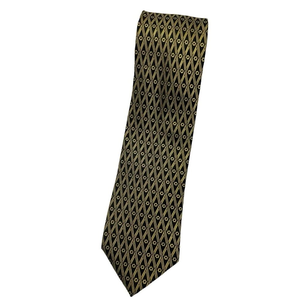 LANVIN Men's 100% Silk Necktie LUXURY Tie Black Gold Geometric Floral W:3.4" EUC